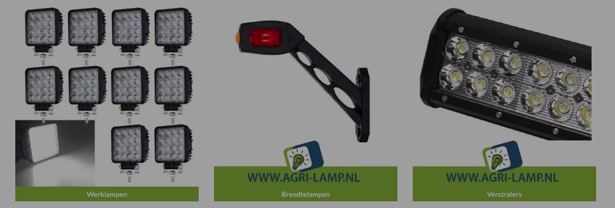 Werklampen, breedtelampen en verstralers uit het assortiment van Agri Lamp