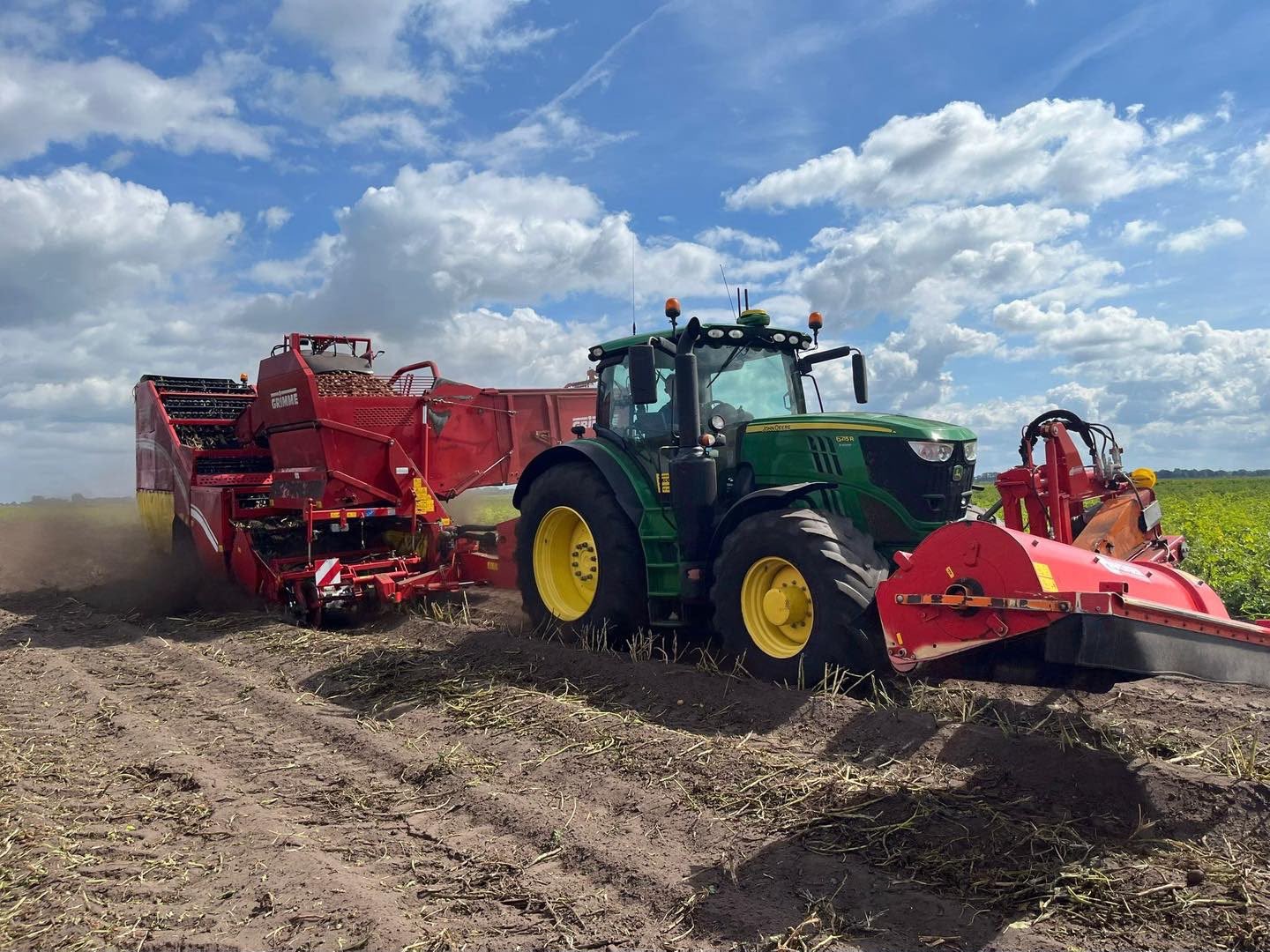 Aardappelrooier en trekker aan het werk op het land