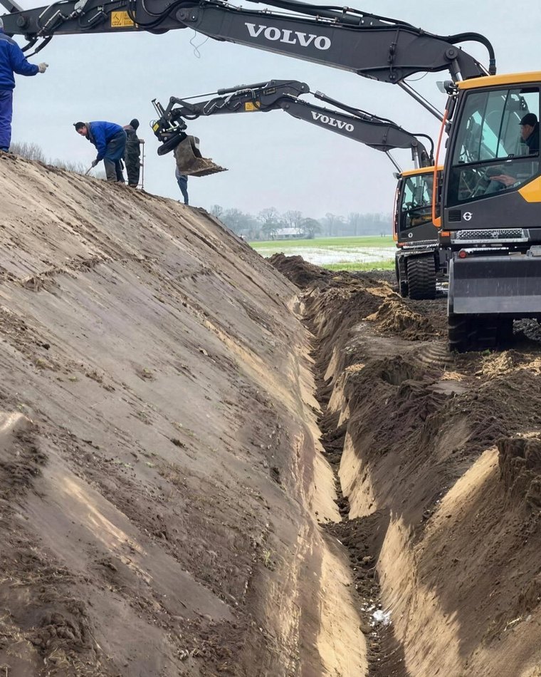 Twee medewerkers en twee kranen aan het werk op het land